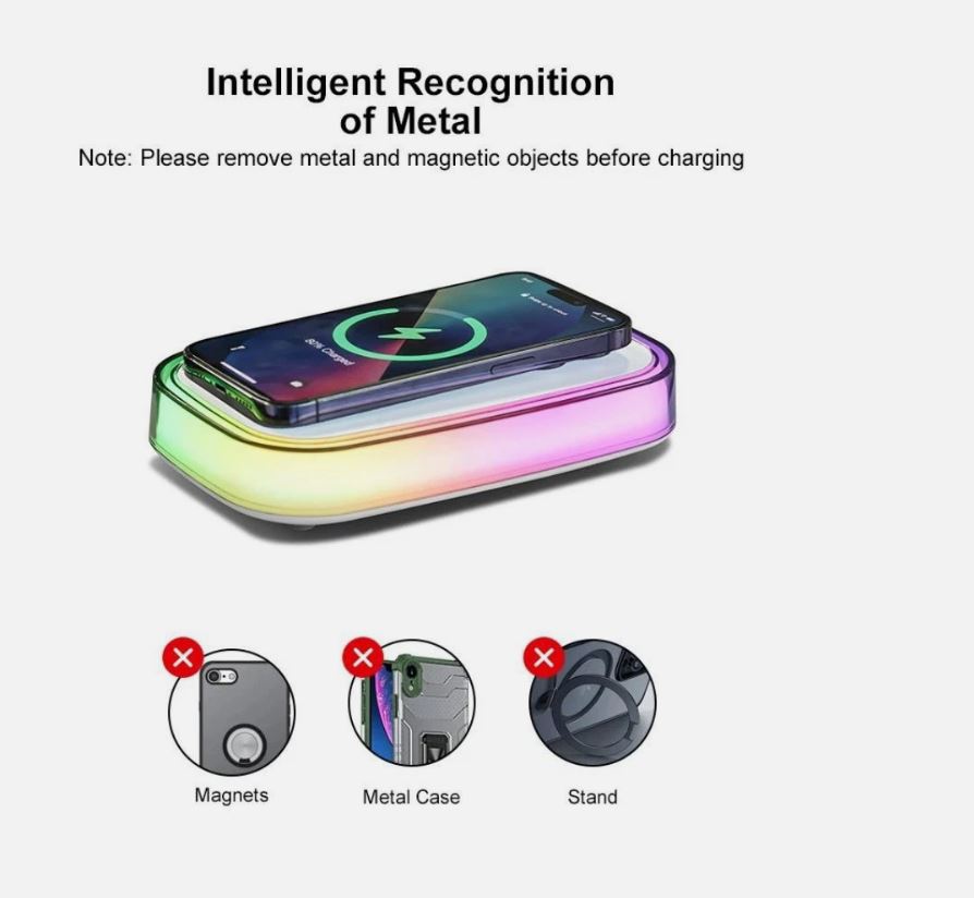 Caricatore Wireless da Tavolo con Luce Notturna LED Multicolore – Ricarica Rapida 15W,