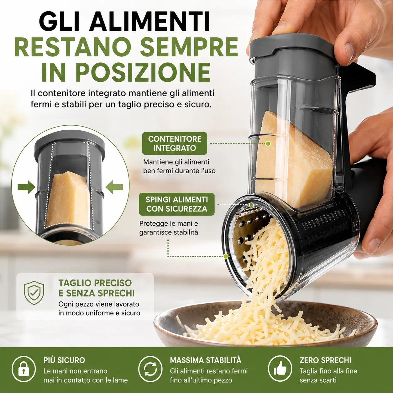 Grattugia Rotativa Manuale 4 in 1 con 4 Lame Intercambiabili – Affetta, Grattugia e Taglia Julienne – Ideale per Formaggio, Verdure, Patate e Frutta Secca