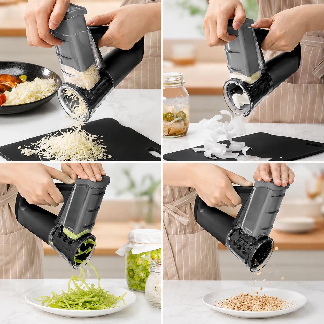 Grattugia Rotativa Manuale 4 in 1 con 4 Lame Intercambiabili – Affetta, Grattugia e Taglia Julienne – Ideale per Formaggio, Verdure, Patate e Frutta Secca