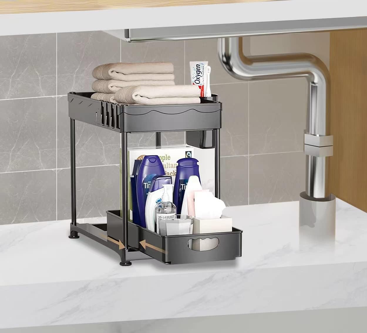 Organizzatori e contenitori per il bagno a due scomparti scorrevoli grande capacità