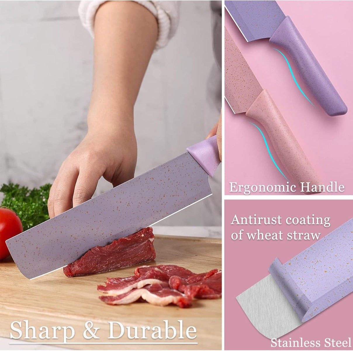 Set Coltelli da Cucina Colorati 6 Pezzi - Coltello Chef, Pane, Frutta, Multiuso, Pelapatate e Forbici - Lama in Acciaio Inox