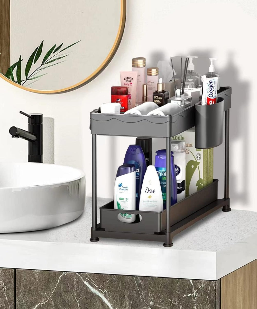Organizzatori e contenitori per il bagno a due scomparti scorrevoli grande capacità