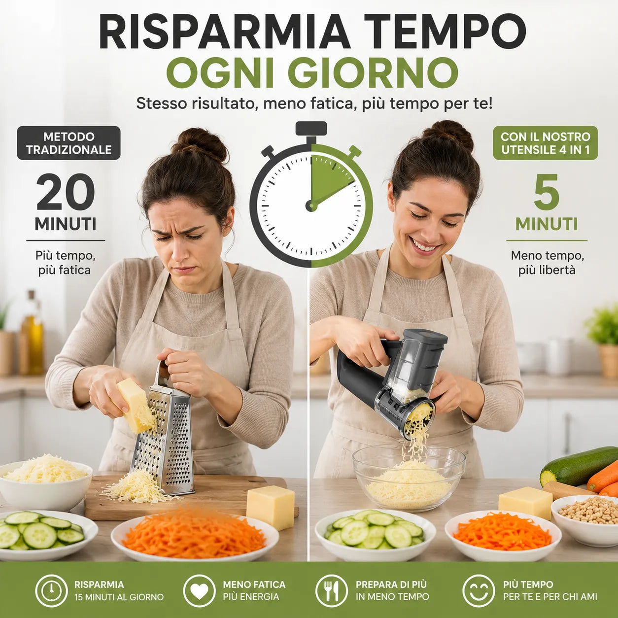 Grattugia Rotativa Manuale 4 in 1 con 4 Lame Intercambiabili – Affetta, Grattugia e Taglia Julienne – Ideale per Formaggio, Verdure, Patate e Frutta Secca